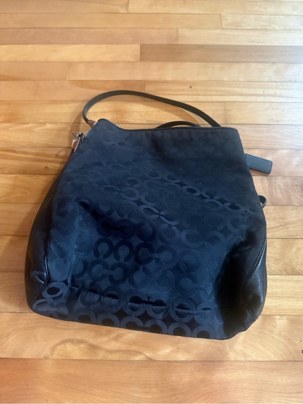 Coach Black Signature Jacquard Shoulder Bag with Leather Trim